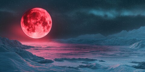 Red moon is in the sky above a body of water