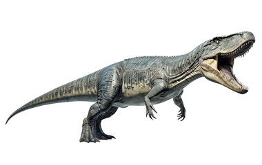 Fototapeta premium A detailed 3D rendering of a fearsome Tyrannosaurus Rex dinosaur, rendered with realistic textures and anatomy, shown in a three-quarter view against a black background.