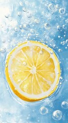 slice of lemon floating in blue bubbly water, refreshing and vibrant concept