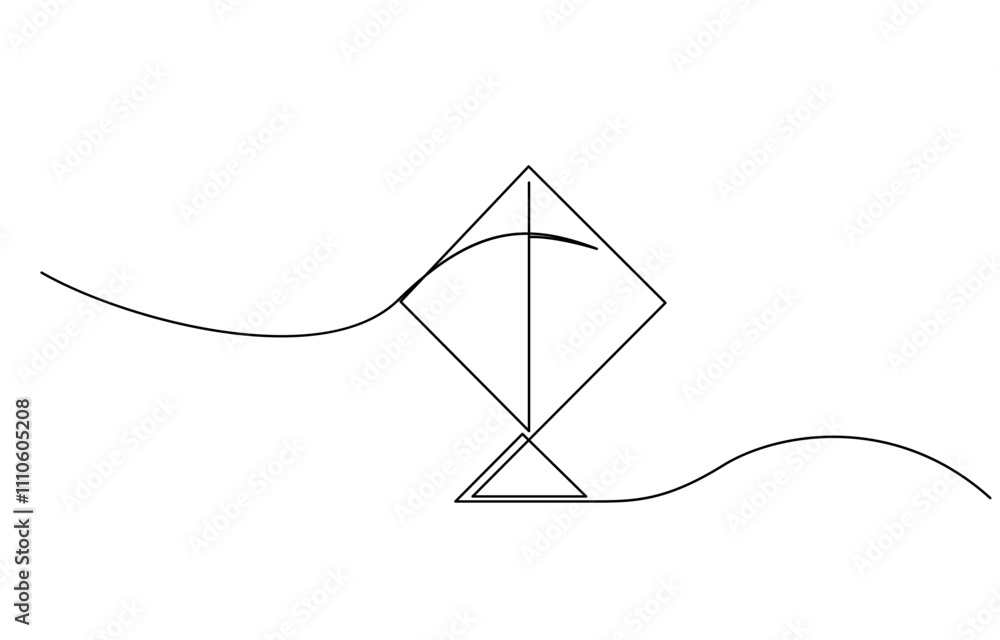 Poster kite continuous one line drawing of outline vector illustration, vector kite, continuous one line dr