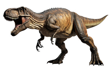 A fearsome Tyrannosaurus Rex dinosaur, rendered in detail, stands on a black background, its mouth open in a roar.