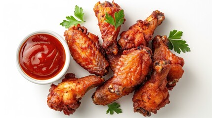 delightful combination of crispy fried chicken wings and savory dipping sauce, artfully arranged on a white background from a beautiful top view