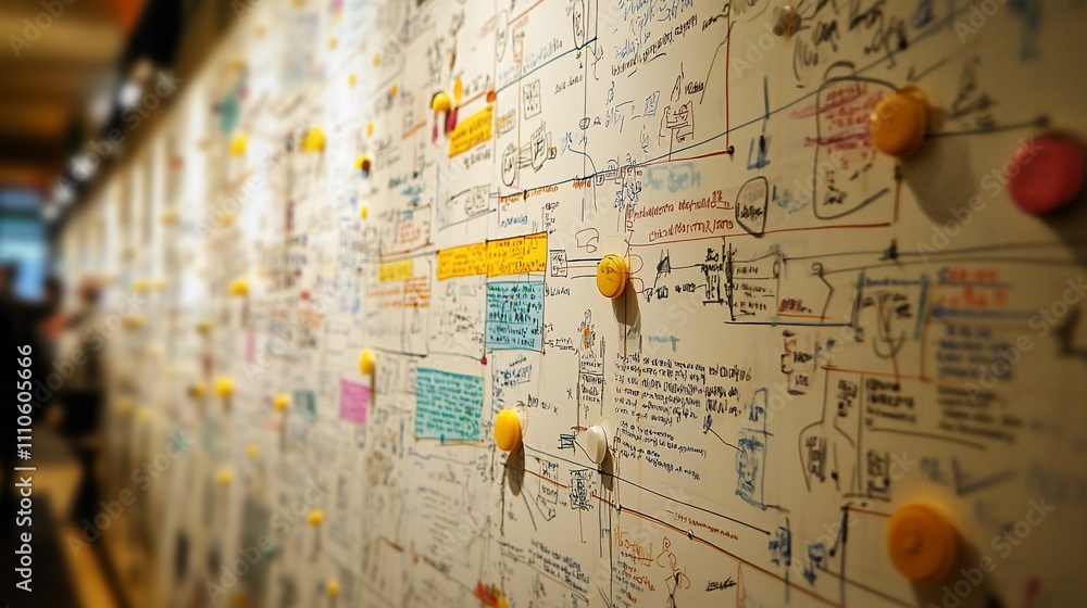 Poster wall covered in brainstorming notes and diagrams.