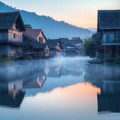 Fototapeta premium A quiet village on a misty lake at dawn, with traditional houses reflecting in the calm water. The air feels fresh, capturing a peaceful morning.