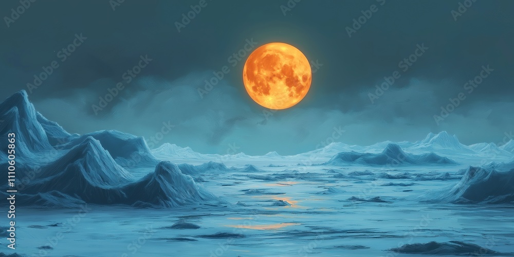Wall mural pixelated image of a moonlit sky with a large red moon in the center