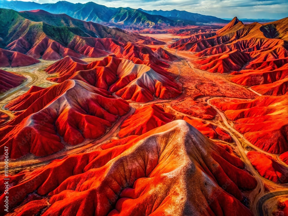Poster aerial view of a futuristic red mountain abstract background in minimalist style, capturing unique g