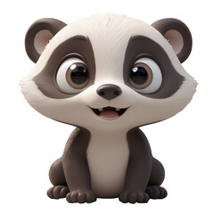 Naklejka premium Adorable cartoon baby raccoon sitting, smiling, large eyes.