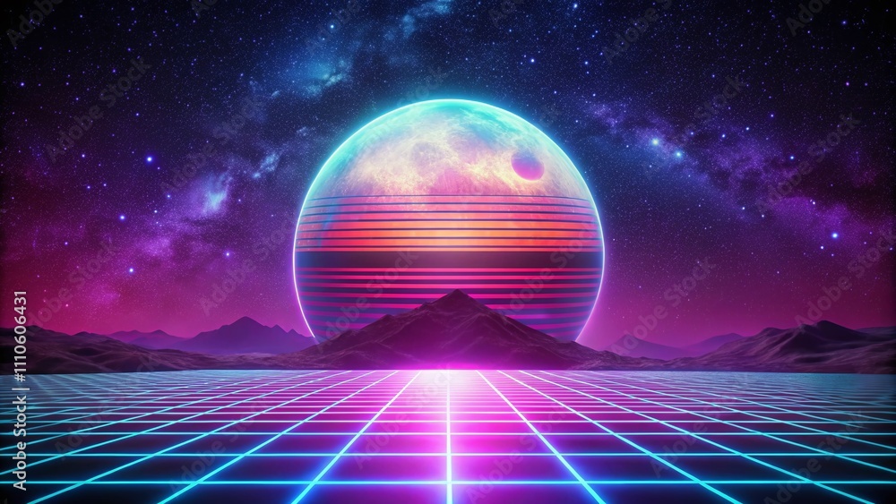 Poster aerial view of a looping retro synthwave moon with stripes animation, capturing the essence of neon 