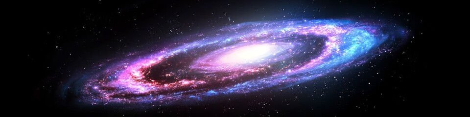 A stunning spiral galaxy illuminated by vibrant pink and blue hues against a dark cosmic background.