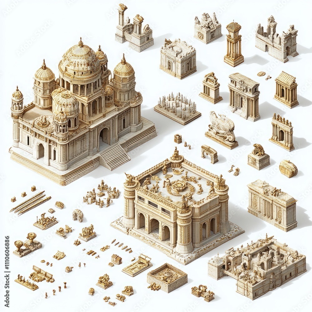 Poster isometric 3d model of ancient architecture.