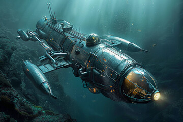 Beautiful large bathyscaphe floating in middle of ocean during exploration