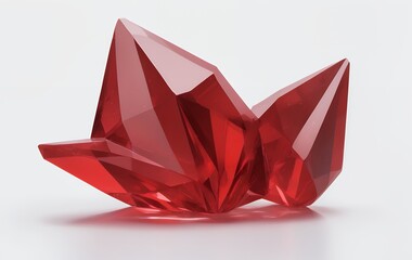 Close-up of a vibrant red,faceted gemstone with sharp edges and brilliant reflections on a white background.