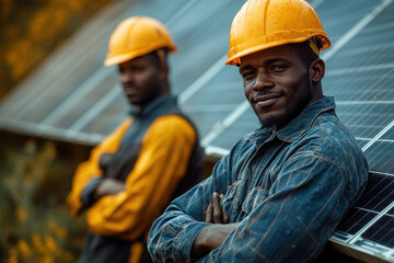 Confident young male engineers working on solar panel installation