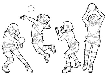 バレーボールをする女の子のイラストセット