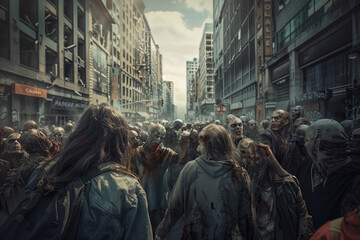 Fototapeta premium Scary sinister zombie wandering in street with dramatic lighting