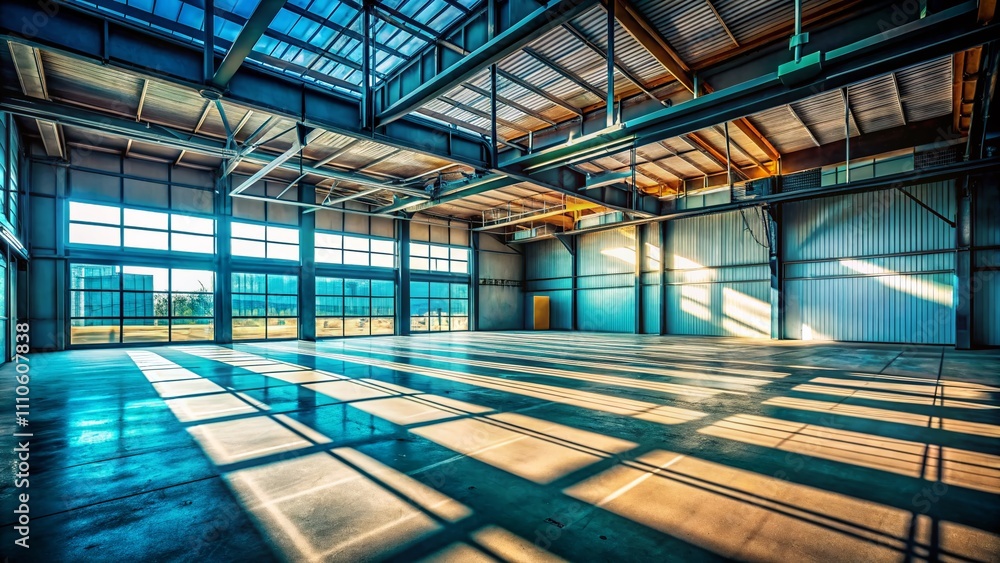 Poster aerial view of an empty metal room with intriguing shadows and light play on the floor, highlighting