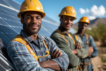 Confident solar panel engineers working on sustainable energy project outdoors