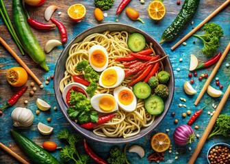 Fototapeta premium Aerial View of Artistic Ramen Noodles Doodle Design with Colorful Ingredients and Creative Layout, Perfect for Food Lovers and Culinary Illustrations