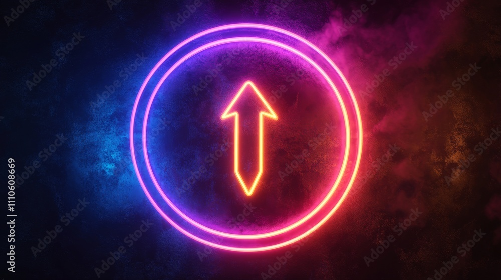 Aufkleber neon arrow pointing upwards with circular frame, futuristic design. direction and progress concept