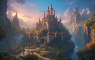 Fototapeta premium Majestic fairytale castle nestled in a mountainous valley at sunset.