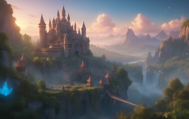 Majestic fairytale castle perched atop a cliff overlooking a misty valley at sunrise.