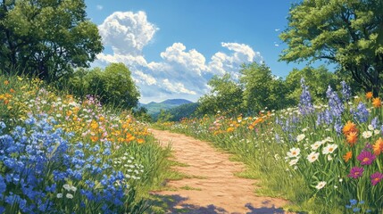 Colorful Wildflowers Line a Path Leading to Distant Mountains