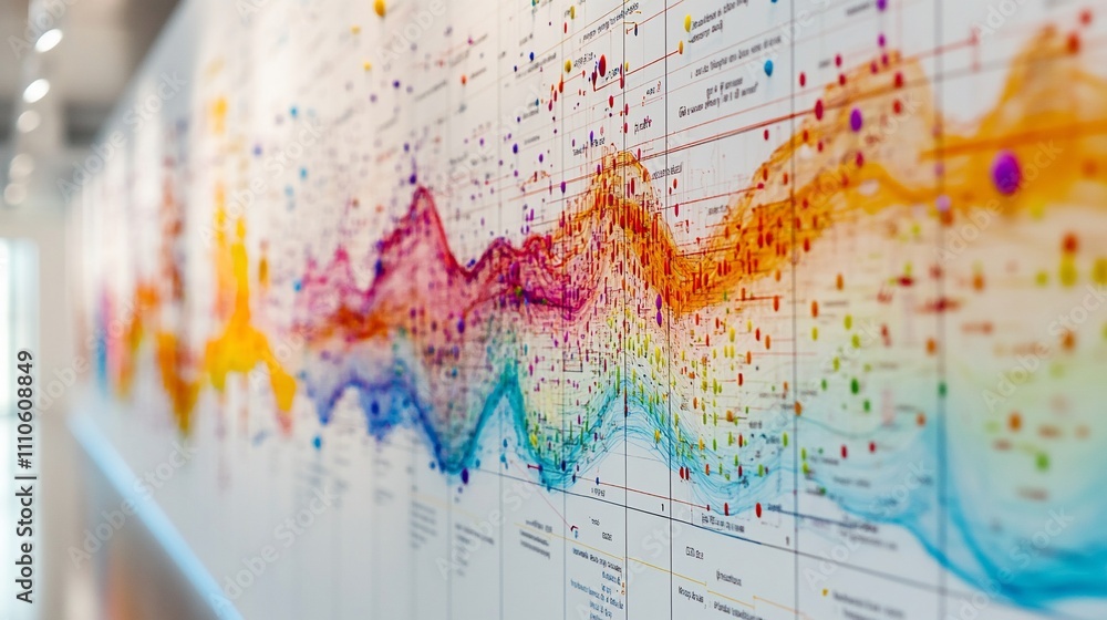 Poster colorful data visualization on a large wall, showing trends and connections.