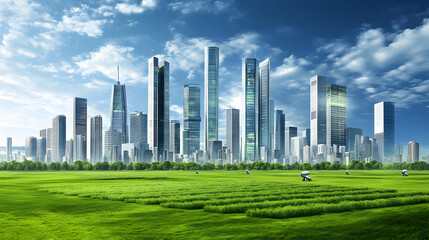 Obraz premium Stunning cityscape panorama showcasing modern skyscrapers juxtaposed against a vibrant green field, representing urban-rural harmony and sustainable development.