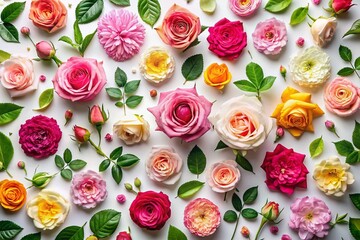 Naklejka premium Aerial View of Assorted Rose Heads and Green Leaves Artfully Scattered on a White Background, Perfect for Floral Design, Weddings, and Romantic Aesthetic Projects