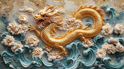 Fototapeta premium Vibrant Golden Dragon Amidst Floral Waves