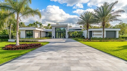 Obraz premium Modern luxury home with palm trees, driveway, and landscaping.