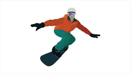 Fototapeta premium Snowboarder in orage and green snowsuit skiing. Winter Sport. woman playing snowboarding, skiing or skating. 