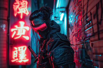 Fototapeta premium Japanese ninja warrior dressed in samurai clothes holding sharp sword