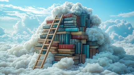 Stack of books with ladder among clouds image