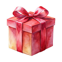 Watercolor illustration of red gift box with golden ribbon isolated on transparent background