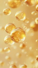 Golden oil bubbles floating with soft focus, abstract background. wellness and beauty concept