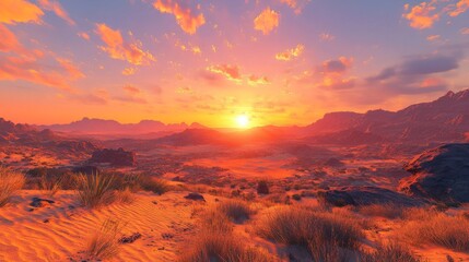 Desert Sunset Landscape With Orange Hues And Mountains