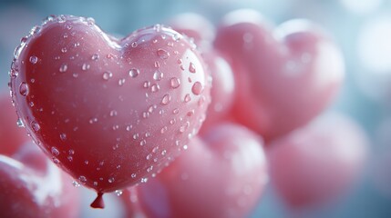 Obraz premium Pink heart-shaped balloons with water droplets, romantic and dreamy mood. Love and celebration concept