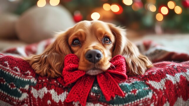 A Cocker Spaniel Puppy Wearing a Red Bow, Resting on a Christmas Blanket