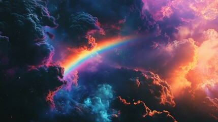 Colorful rainbow across vibrant cosmic clouds, surreal sky. Fantasy and dreamlike concept