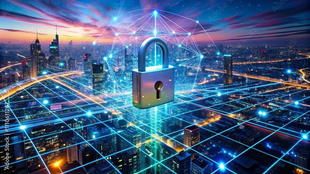 Poster aerial view of cyber security technology network with digital padlock, virtual dashboard, and data p