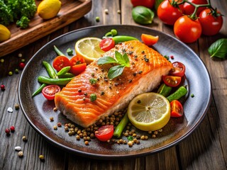 Aerial View of Deliciously Cooked Salmon Fillet on a Plate with Black Pepper Garnish, Accompanied by Fresh Vegetables and a Slice of Lemon for a Culinary Delight