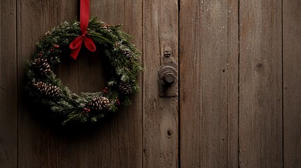 Rustic Christmas wreath hanging on weathered wooden door.