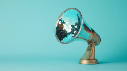 Retro megaphone with disco ball design on blue background, creative audio concept