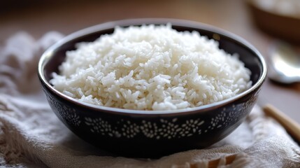 A bowl filled with fluffy white rice is placed on a textured cloth. Chopped wooden sticks rest alongside the bowl, creating a simple yet inviting dining setup