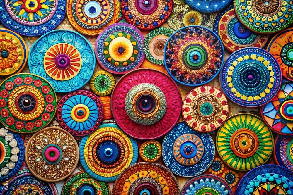Poster aerial view of eccentric eye circles printouts spread across a vibrant surface, showcasing unique pa