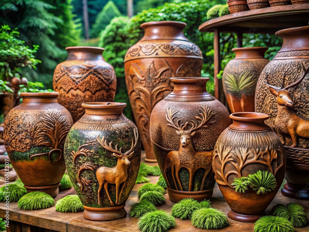 Poster Aerial View of Intricately Carved Clay Vases Featuring Deer and Forest Motifs Surrounded by Lush Greenery and Natural Elements for Unique Artistic Display