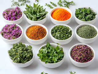 Illustration of herbs and spices in a white porcelain bowl with a white background.
