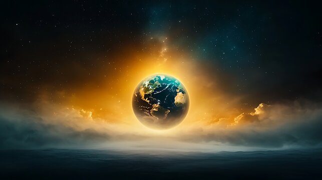 A distant starship navigating through the quiet vastness of space, approaching a gigantic detailed Earth-like planet surrounded by glowing auroras, subtle cosmic lighting, 8K resolution with 