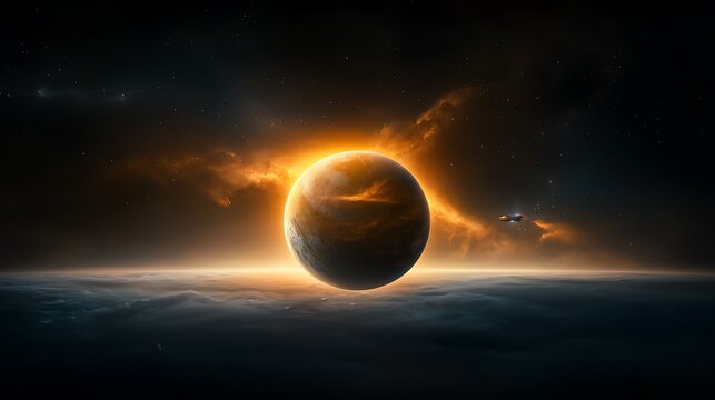 A distant starship navigating through the quiet vastness of space, approaching a gigantic detailed Earth-like planet surrounded by glowing auroras, subtle cosmic lighting, 8K resolution with 